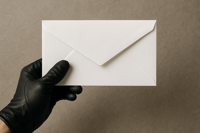 a hand with a black glove holds a white envelope