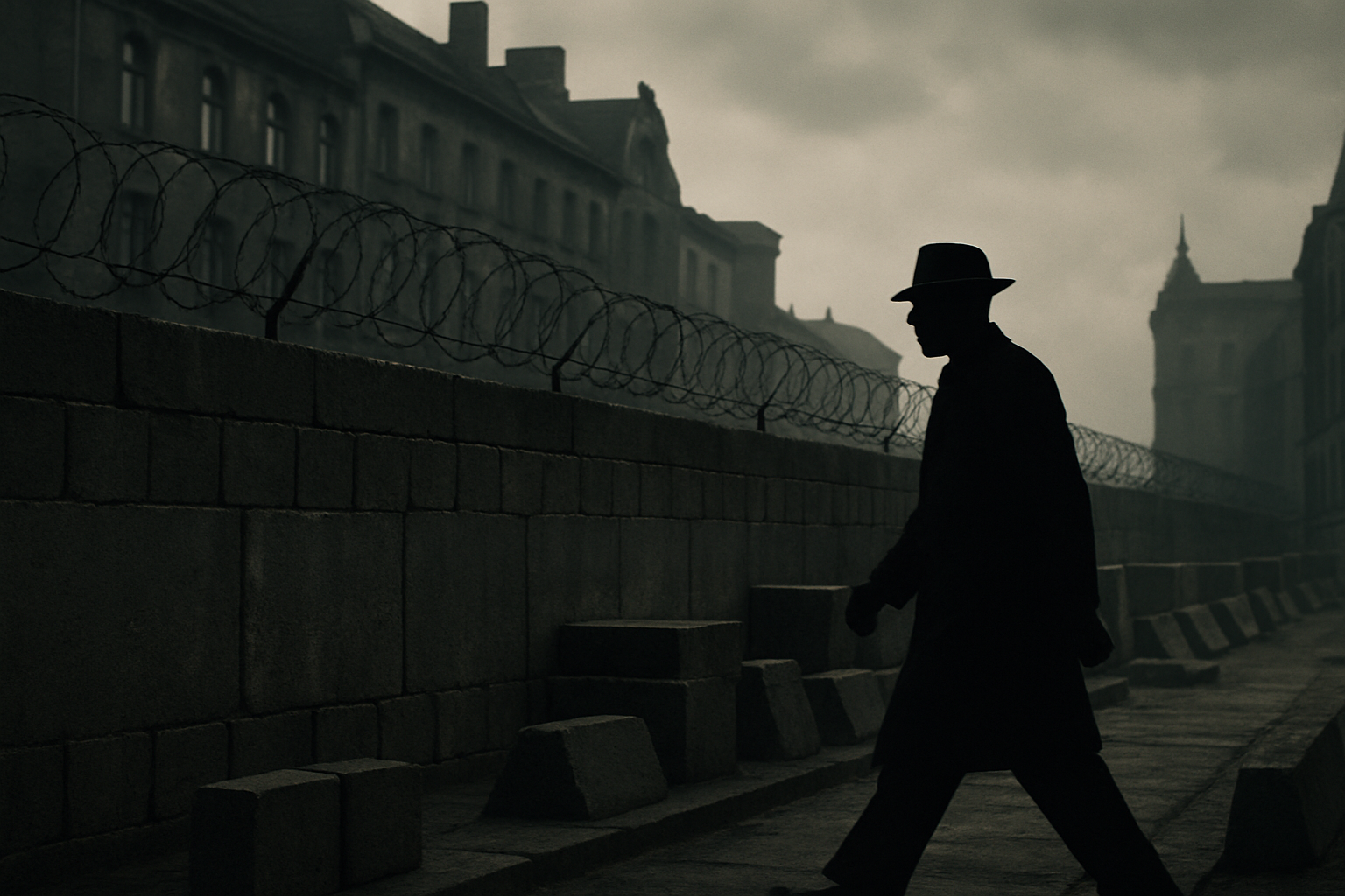 a shadowy figure walks past the Berlin Wall in 1961